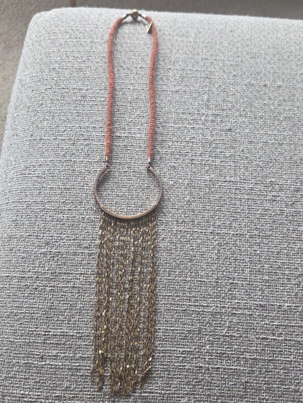 Boho Fringe Pendant Necklace in Rust and Antiqued Gold